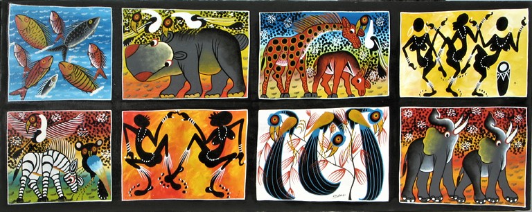 Kolaż charakterystycznych obrazów Tinga Tinga przedstawiający w przeważającej liczbie zwierzęta: ryby, ptaki, słonie, zebry, nosorożca. Na dwóch z ośmiu intensywnych kolorystycznie obrazów przedstawiono tańczących ludzi.