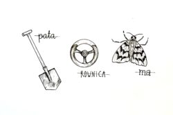 Graficzna ilustracja z rebusem. Na rysunku łopata ze skreśloną częścią "pata", kierownica ze skreśloną częścią "rownica" i ćma ze skreślonym "ma".