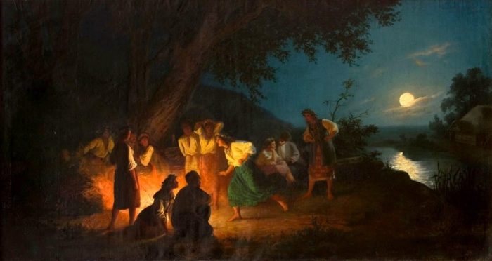 Dzieło Henryka Siemiradzkiego pt. "Noc świętojańska" przedstawiające grupę młodych osób przy ognisku, późnym wieczorem przy pełni księżyca.