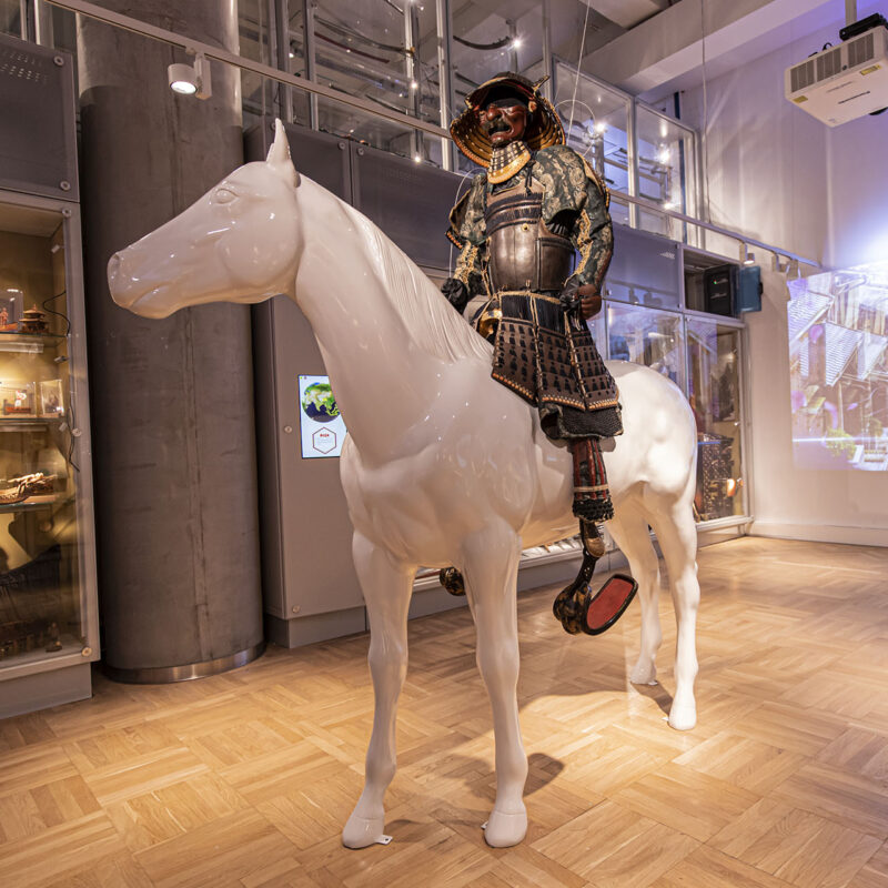 Widok wystawy. Na zdjęciu na pierwszym planie biały koń wykonany z tworzywa sztucznego. Na nim w pozie wojownika prezentowany strój samurajski ze zbroją i maską w miejscu twarzy. W tle gabloty z kolejnymi obiektami.