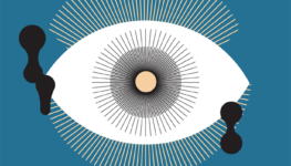 Ilustracja kolorowa przedstawiająca koncentrycznie umieszczone oko na niebieskim tle. Wokół oka widoczne czarne plamki o nieregularnych kształtach.
