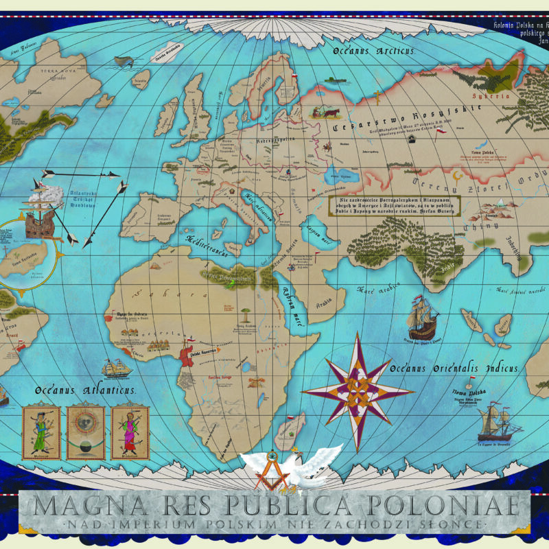 Grafika stylizowanej mapy świata z zaznaczonymi koloniami.