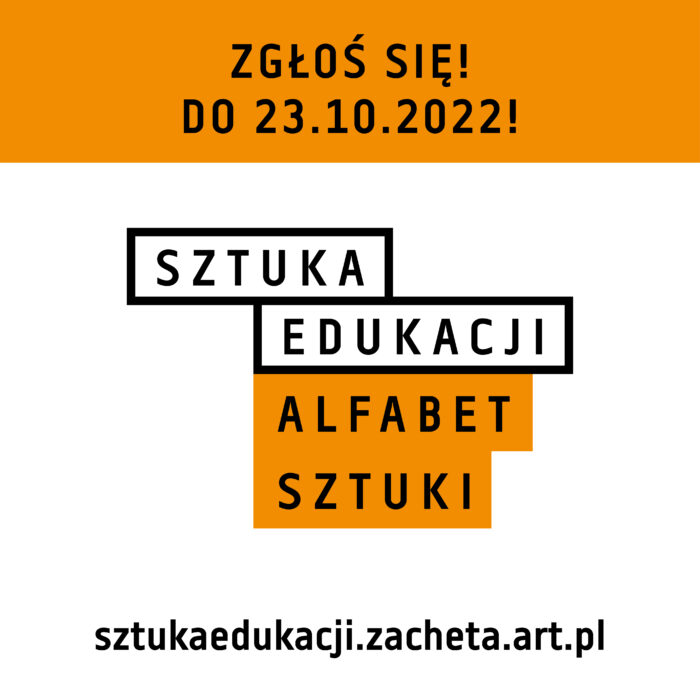 Grafika nawiązująca do warsztatów Sztuka edukacji, tytuł warsztatów na białym tle, nad nim pomarańczowa belka z informacją o zgłoszeniach do 23.10.2022