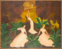 4. Obraz przedstawia trzy kobiety w długich sukniach na wzgórzu otoczonym drzewami. Dwie siedzą wśród krzewów paproci, trzecia stoi i wyciąga ręce ku górze w stronę księżyca.