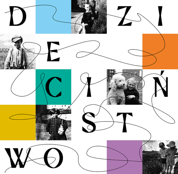 Grafika do wydarzenia: tekst, zdjęcia oraz elementy graficzne. Litery na szachownicy układają się w tytuł wystawy "Dzieciństwo". Niektóre pola szachownicy wypełnione są czarno-białymi zdjęciami uśmiechniętych dzieci. Część pól jest biała, a część w kolorach: błękitnym, pomarańczowym, fioletowym, żółtym oraz zielonym. Na grafice widać czarne, zapętlone linie, jakby narysowane przez dzieci.