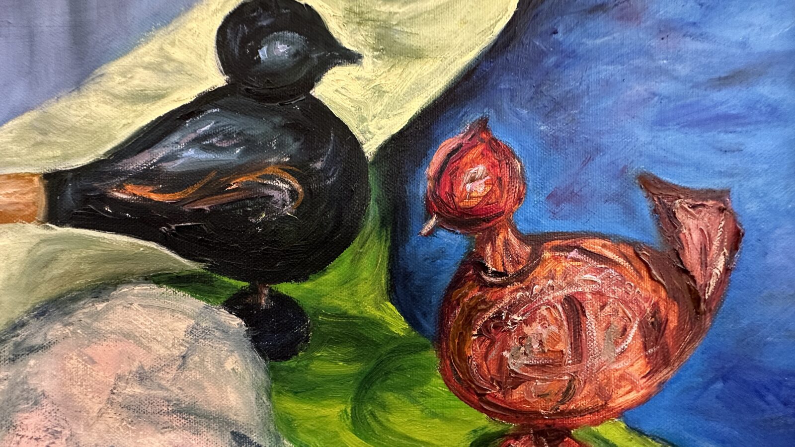 Obraz, olej na płótnie autorstwa Elżbiety Lewczuk o tytule Martwa natura z ptakami